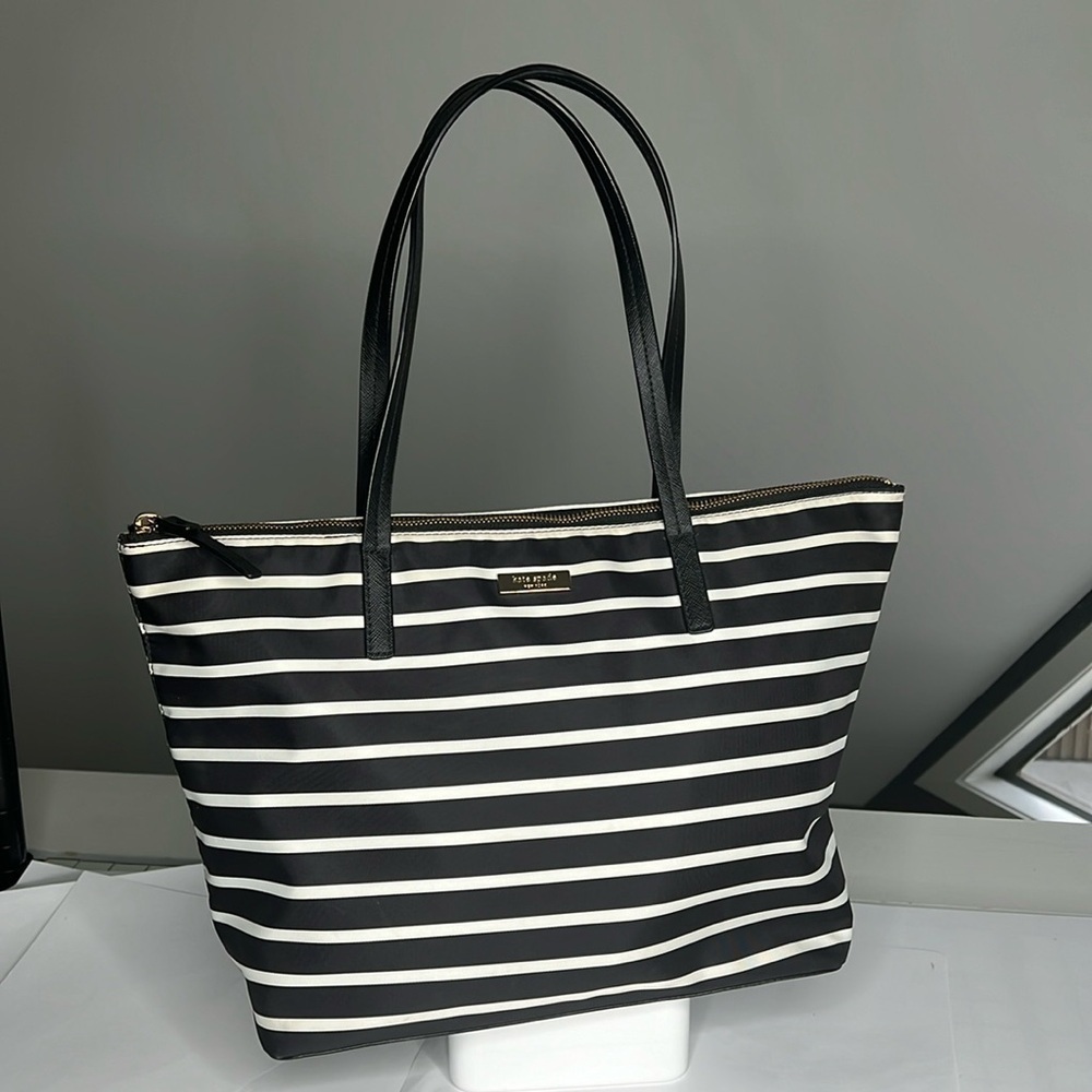 Kate Spade May Street Lida Black Stripe Nylon Zip Top Tote Bag Leather Handles